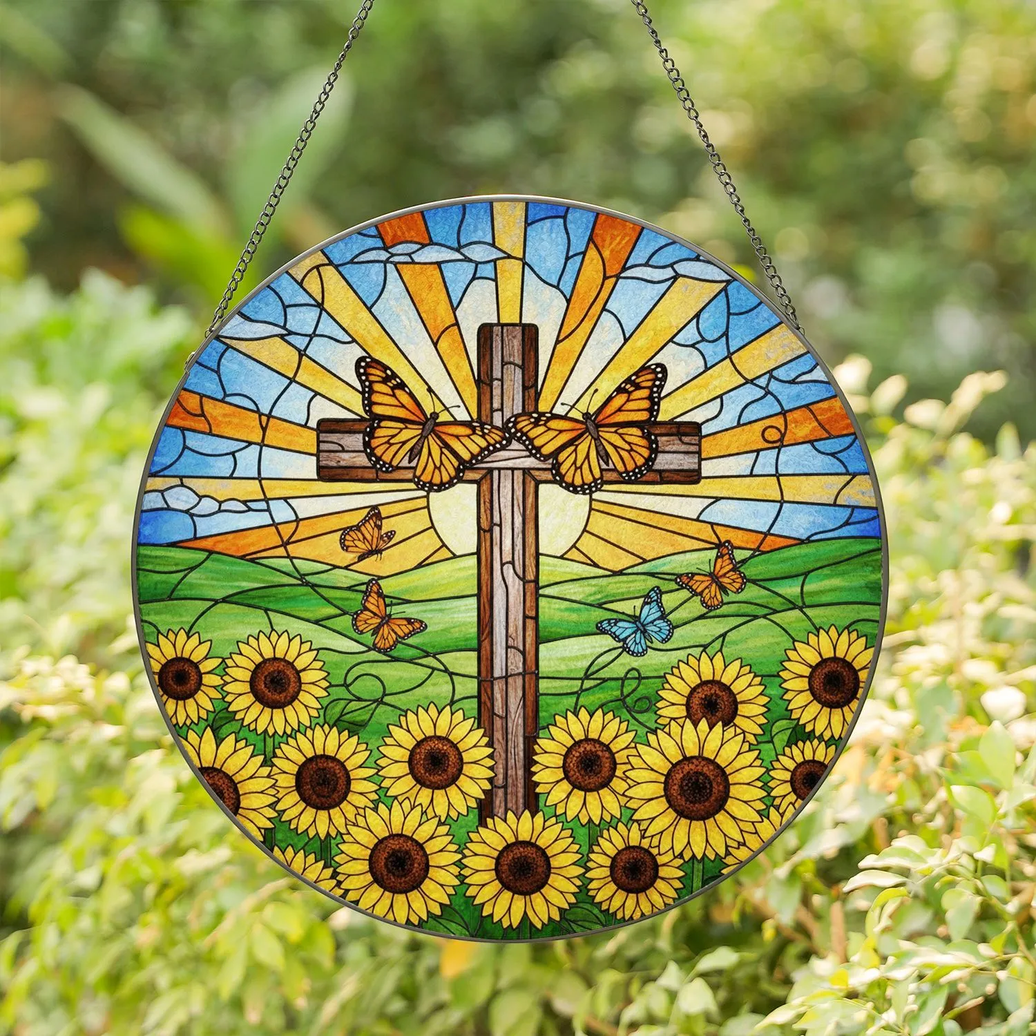 Christian Cross Sunflowers Monarch Butterflies Faith Home Decor Gift Stained Glass Suncatcher - 1