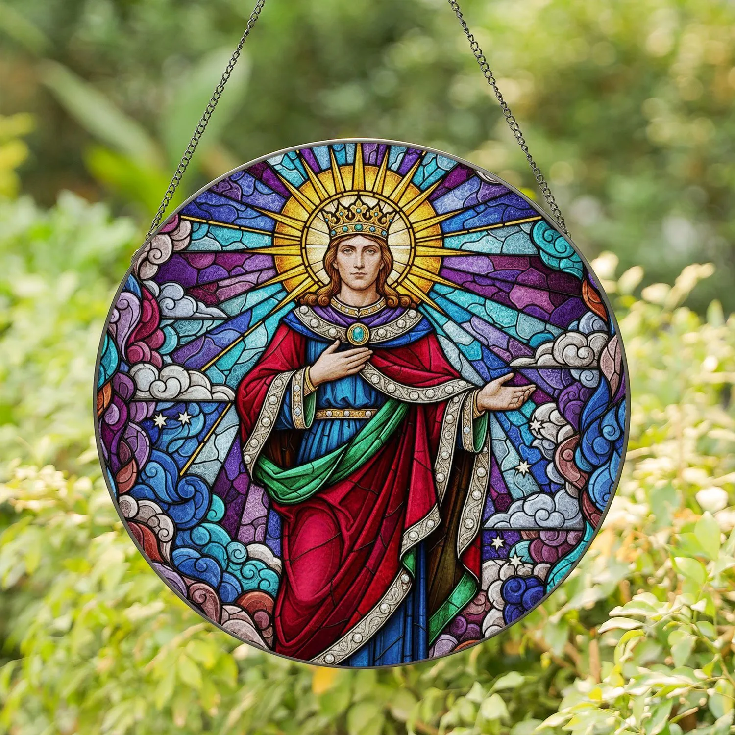 Regal Crowned Figure Starburst Halo Mosaic Celestial - Home Decor Gift Stained Glass Suncatcher - 1
