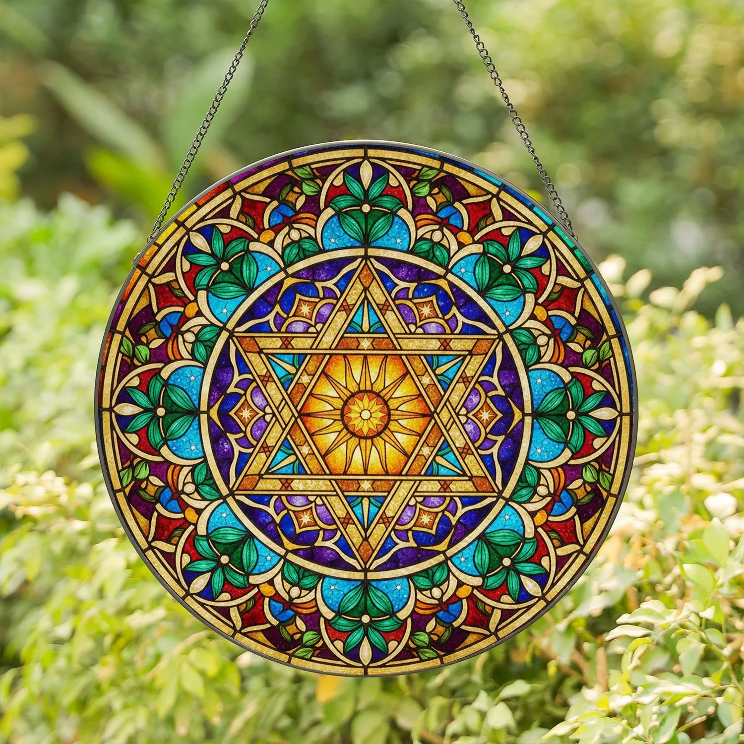 Golden-Framed Star of David Geometric Patterns Floral Mosaic Celestial Home Decor Gift Stained Glass Suncatcher - 1