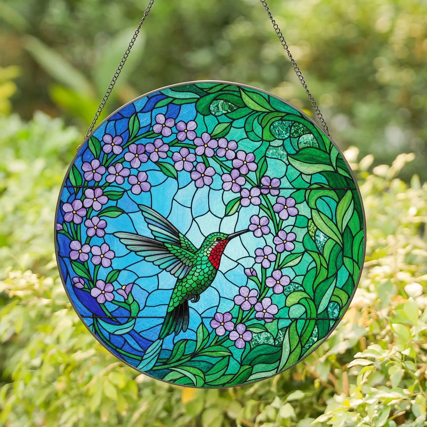 Hummingbird Flower Blossoms Sky Foliage - Wildlife Lover Home Decor Gift Stained Glass Suncatcher - 1