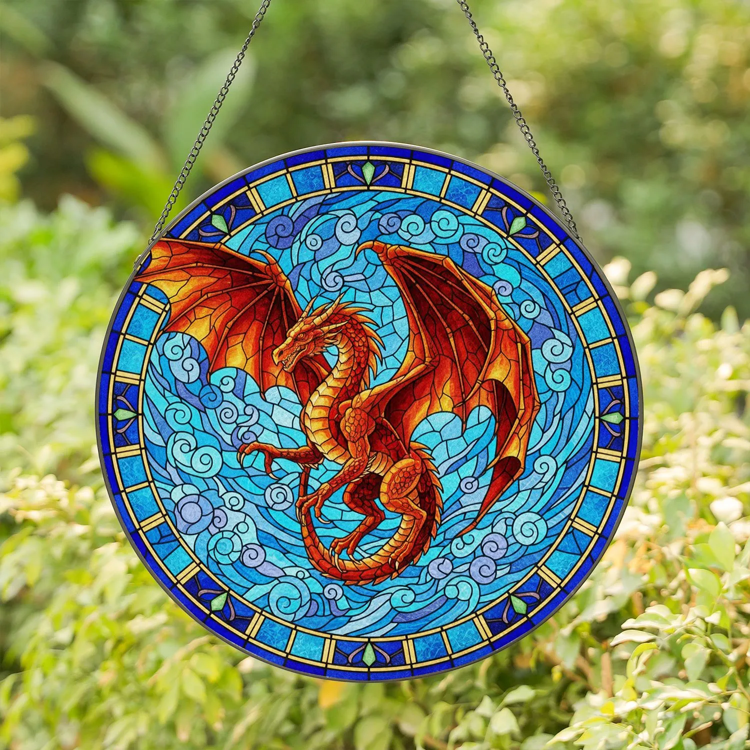 Flying Dragon Outstretched Wings Circular Frame - Home Decor Gift Dragon Lover Stained Glass Suncatcher - 1