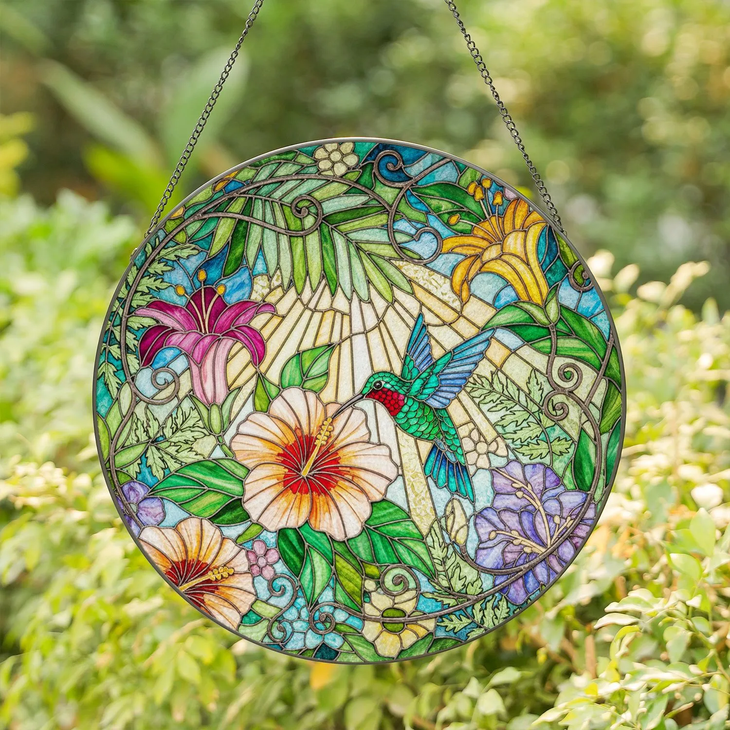Hummingbird Hibiscus Floral Garden Stained Glass - Home Decor Gift for Nature Lover Stained Glass Suncatcher - 1