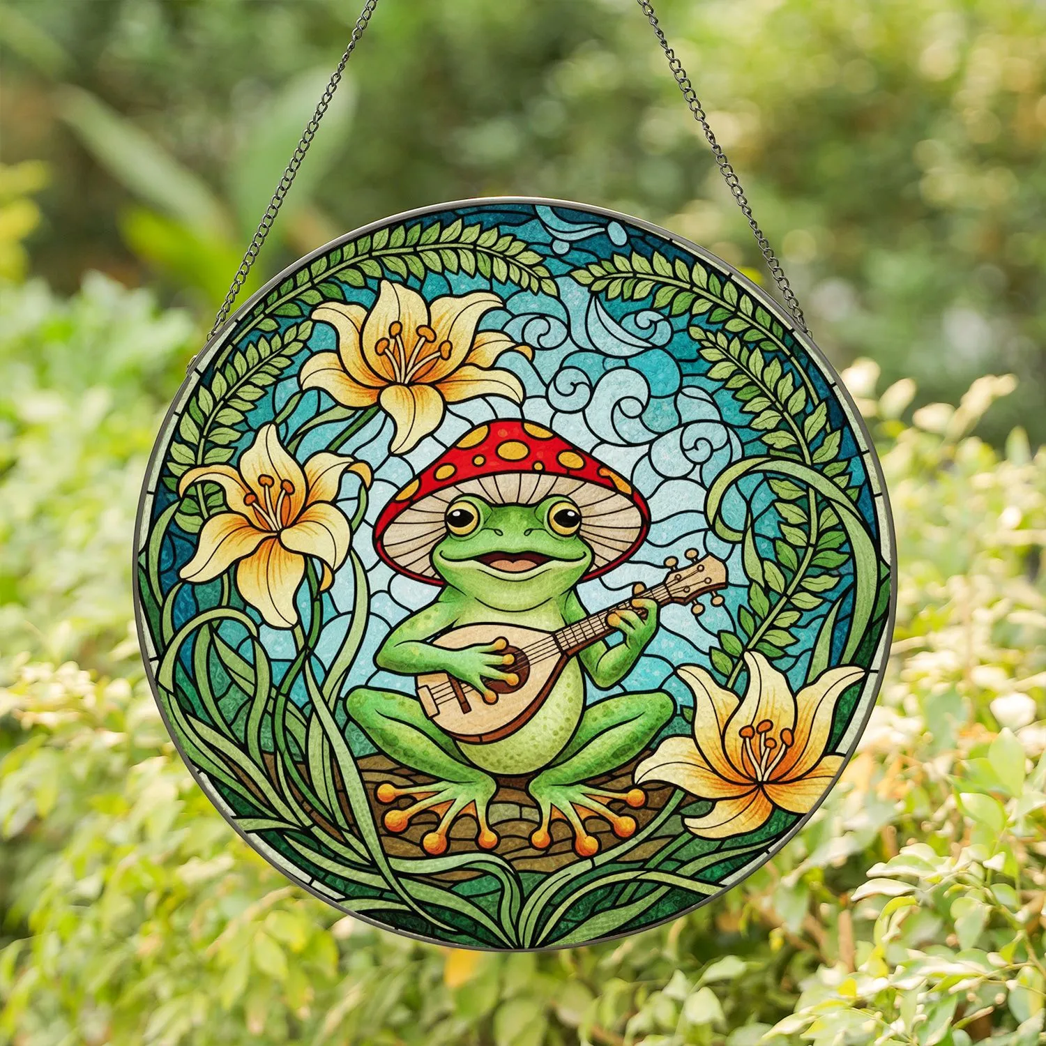 Green Frog Mushroom Hat Mandolin Lily Flowers - Home Decor Gift for Frog Lover Stained Glass Suncatcher - 1