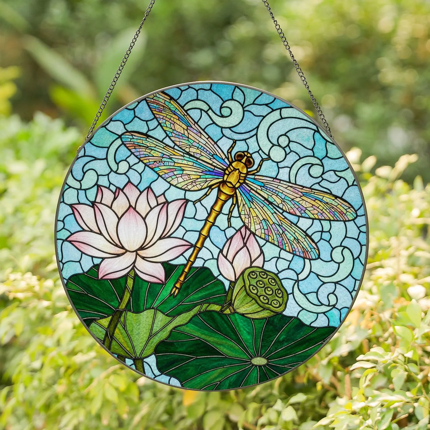 Golden Dragonfly Iridescent Wings Lotus Bloom - Home Decor Gift for Wildlife Lover Stained Glass Suncatcher - 1