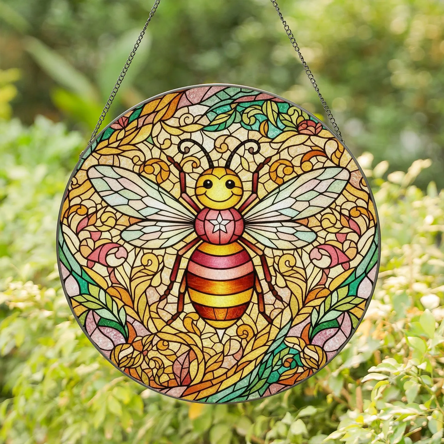 Stained Glass Jewel Tone Smiling Bee Floral Mosaic - Nature Lover Gift for Garden Enthusiast Stained Glass Suncatcher - 1