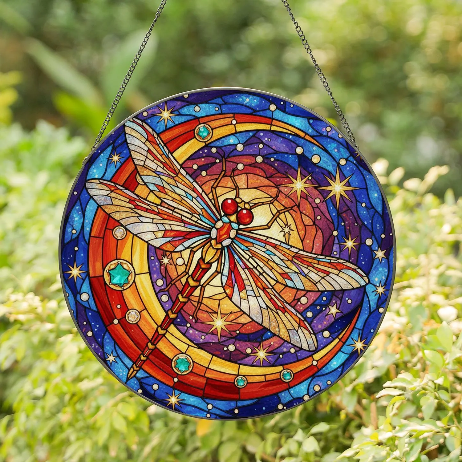 Red Jewel Dragonfly Crescent Moon Star Celestial Sky Home Decor Gift for Dragonfly Lover Stained Glass Suncatcher - 1