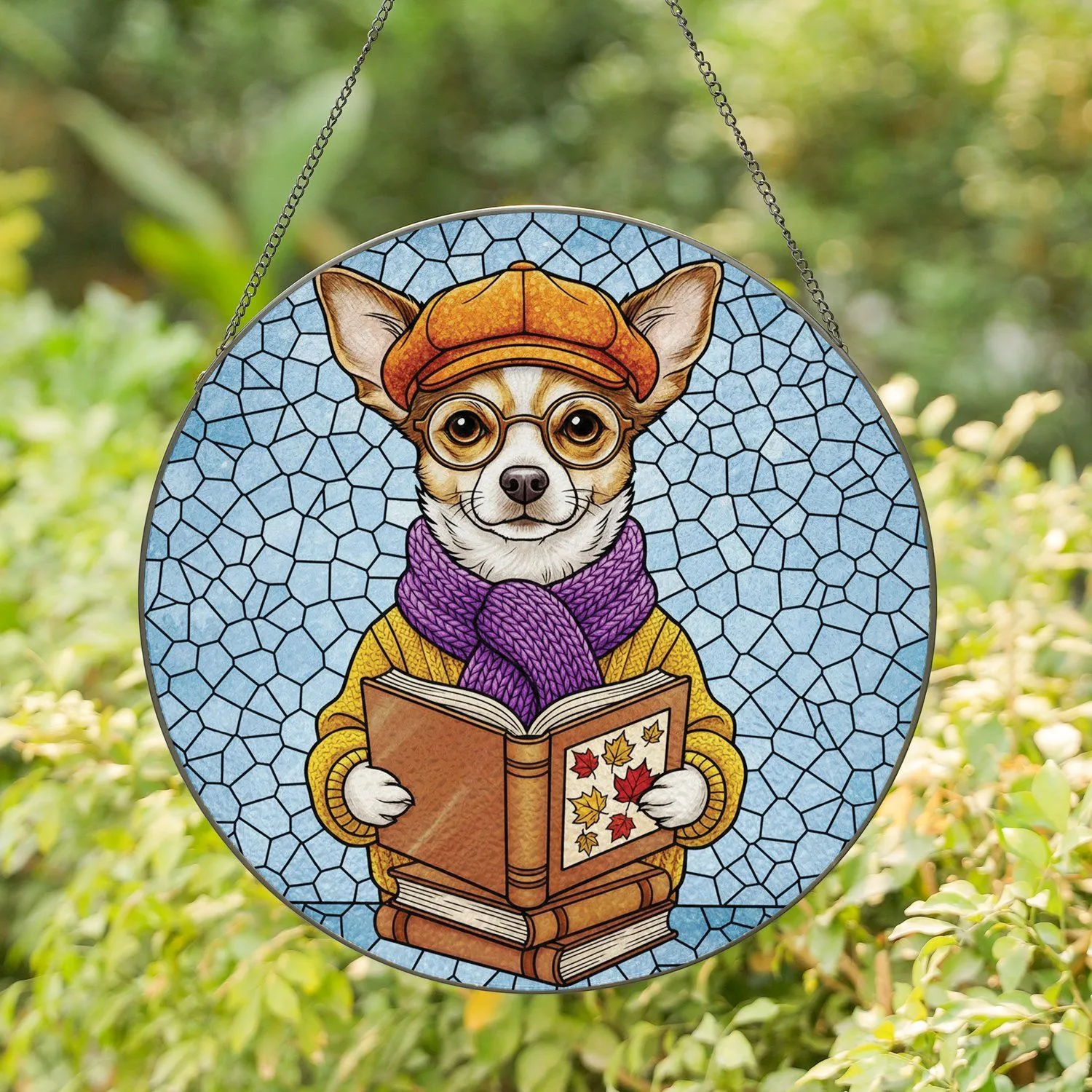 Spectacled Small Dog Newsboy Cap Reading Book Autumn Leaves - Home Decor Gift for Dog Lover Stained Glass Suncatcher - 1