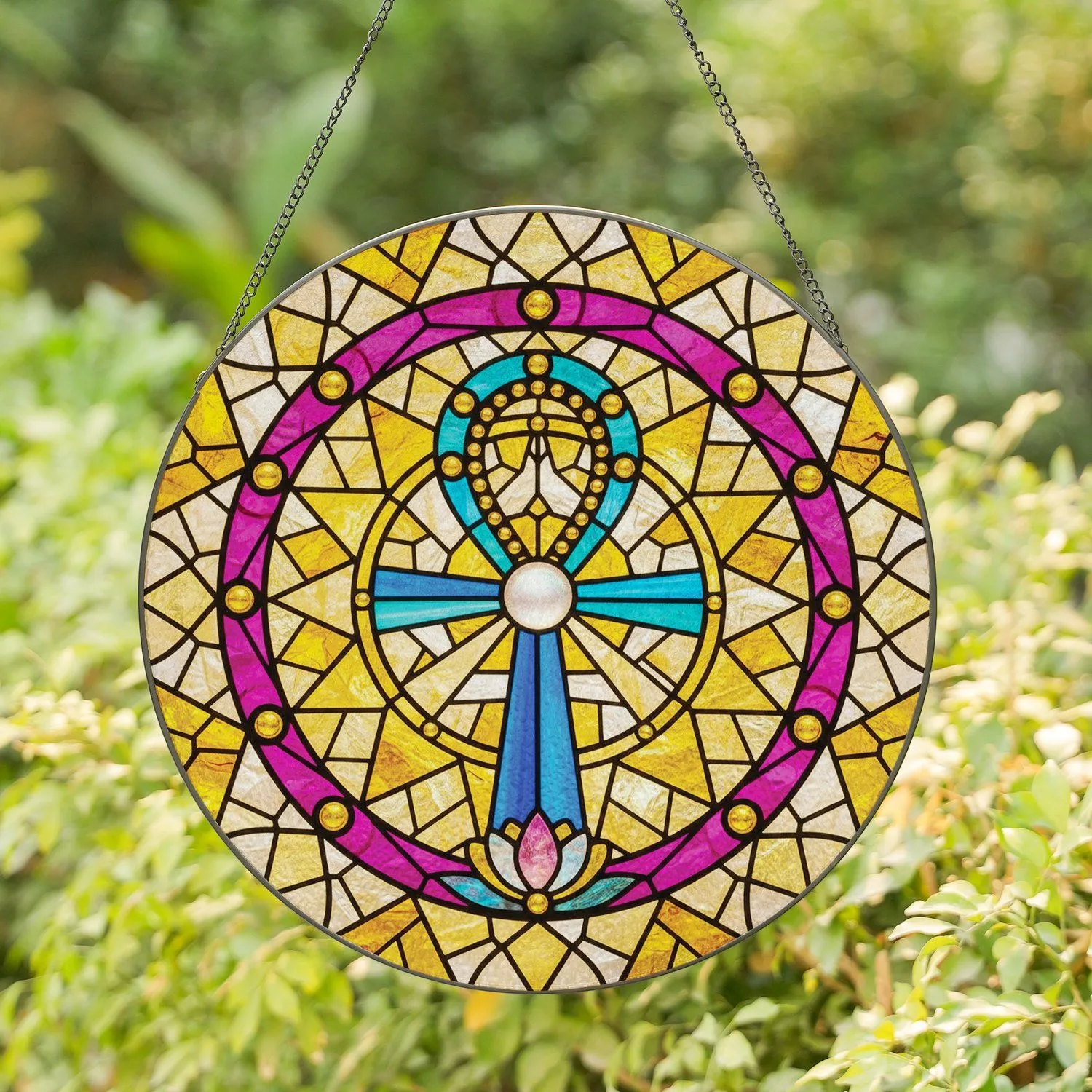 Egyptian Ankh Lotus Flower Stained Glass Mosaic - Home Decor Gift Stained Glass Suncatcher - 1