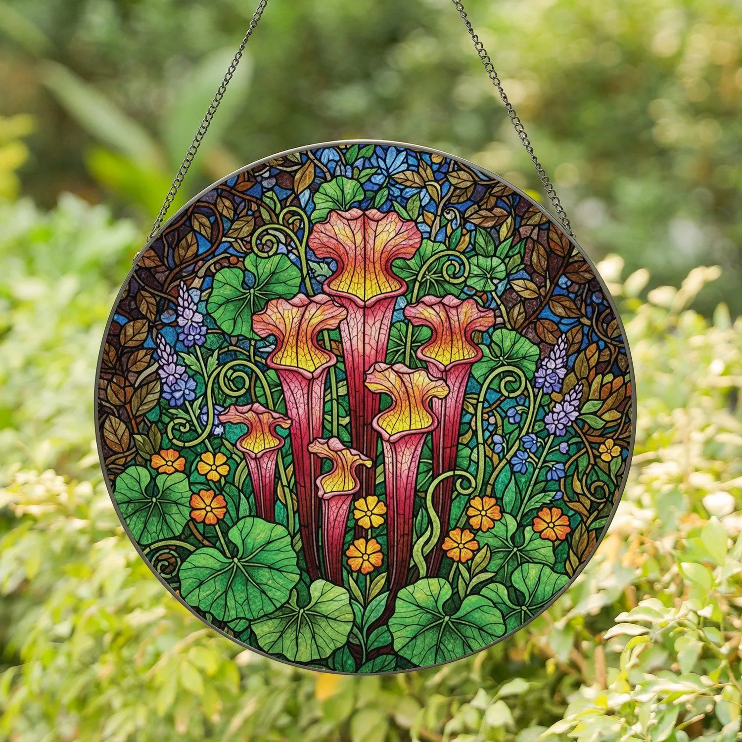 Pitcher Plants Wildflowers Green Foliage Botanical Forms - Home Decor Gift for Plant Lover Stained Glass Suncatcher - 1