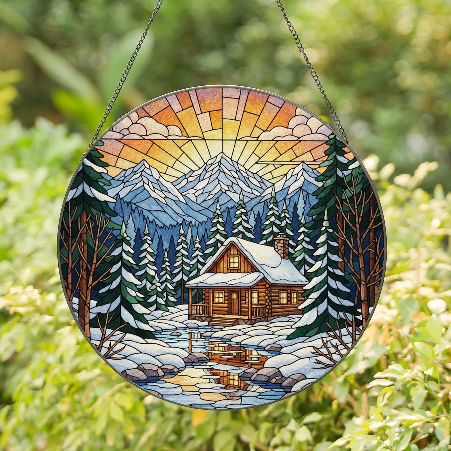 Rustic Log Cabin Snow Forest Stream Mountain Sunset Home Decor Gift Stained Glass Suncatcher - 1