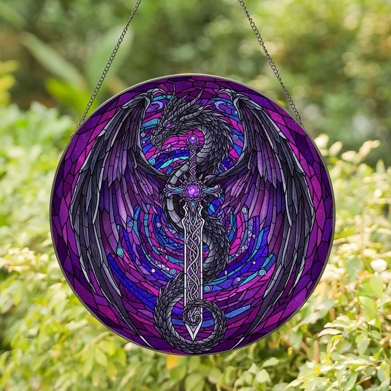 Dark Dragon Fantasy Sword Celestial Vortex - Home Decor Gift for Fantasy Lover Stained Glass Suncatcher - 1