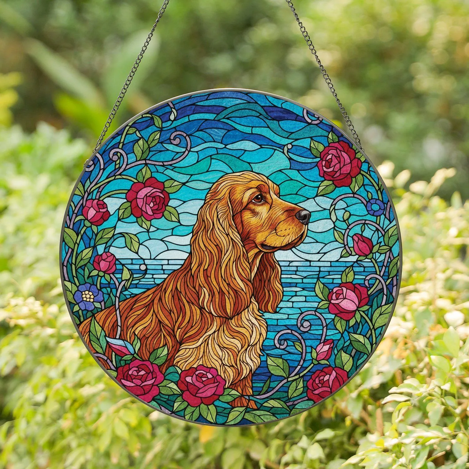 Cocker Spaniel Stained Glass Floral Tiffany Style - Home Decor Gift for Dog Lover Stained Glass Suncatcher - 1