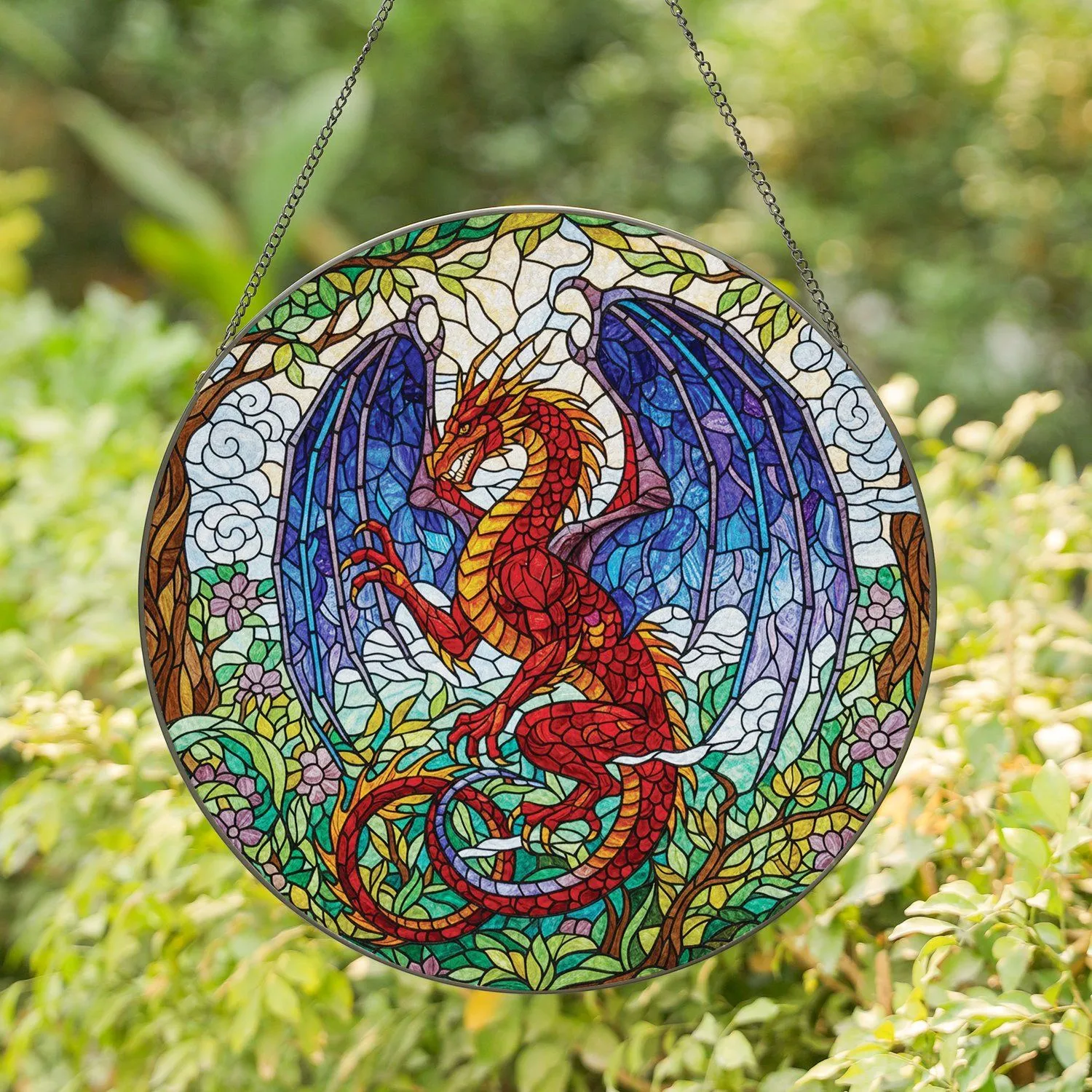 Majestic Winged Dragon Mosaic Forest Foliage - Dragon Lover Home Decor Gift Stained Glass Suncatcher - 1