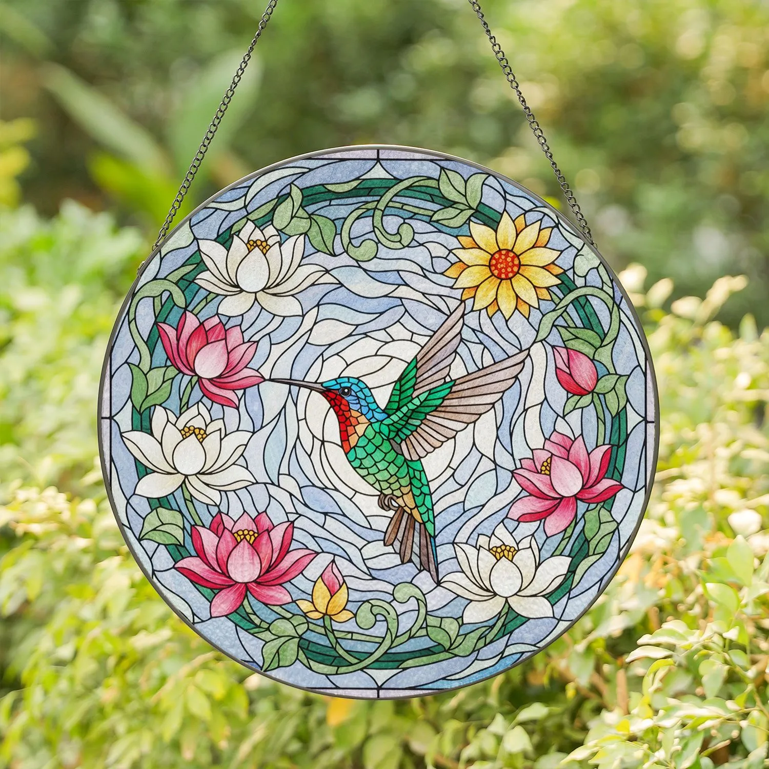 Hummingbird Lotus Daisy Blossom Mosaic Wreath - Home Decor Gift for Wildlife Lover Stained Glass Suncatcher - 1