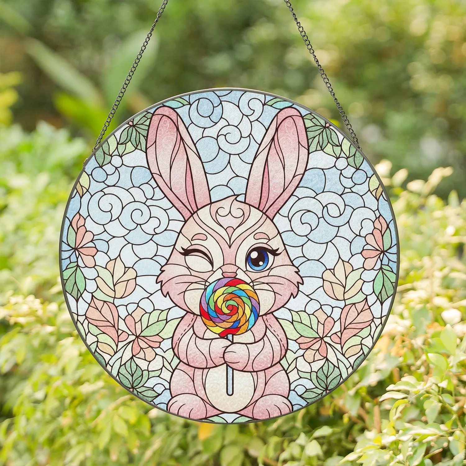 Winking Bunny Rainbow Lollipop Sky Clouds Foliage - Home Decor Gift for Bunny Lover Stained Glass Suncatcher - 1