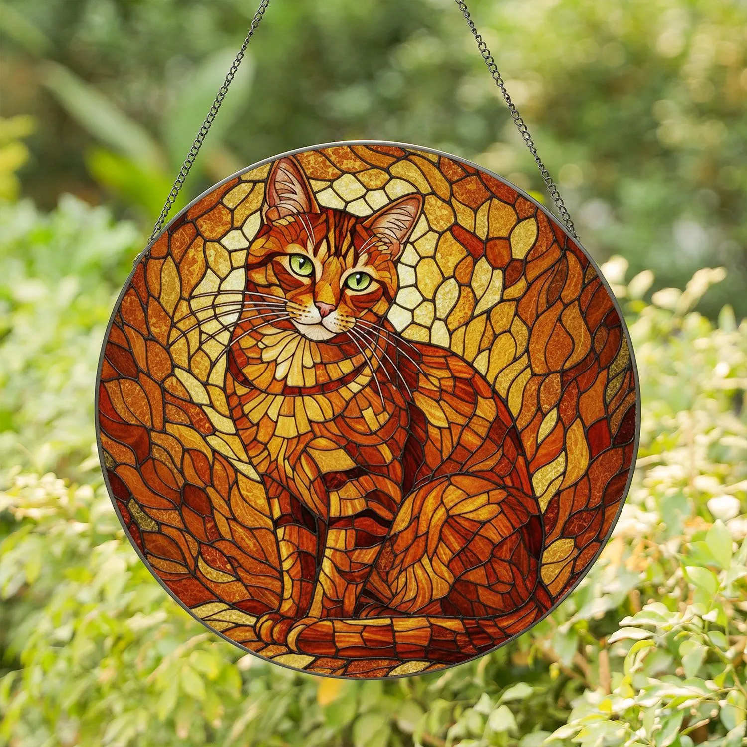 Tiffany Style Tabby Cat Emerald Eyes Glowing Jewel Tones Home Decor Gift for Cat Lover Stained Glass Suncatcher - 1