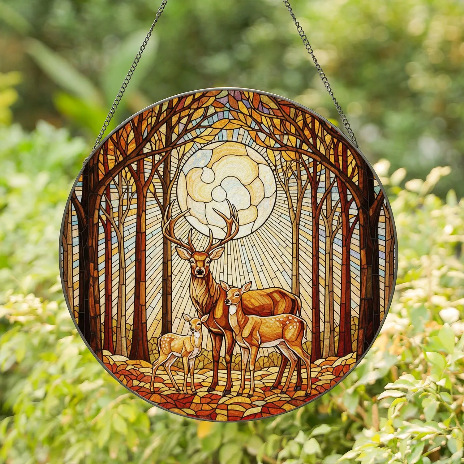 Stag Doe Fawn Antlers Luminous Sky Autumn Forest - Home Decor Gift for Wildlife Lover Stained Glass Suncatcher - 1