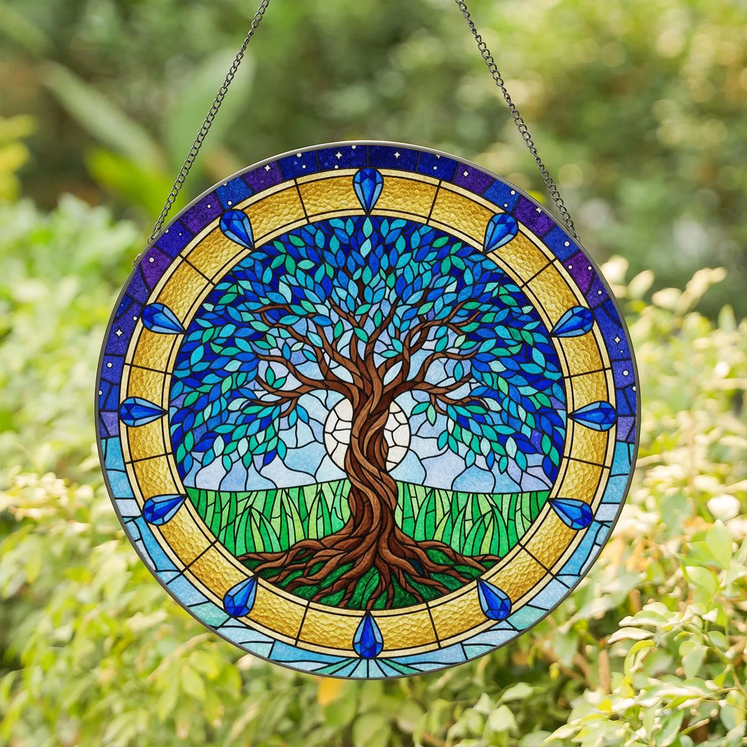 Tree Of Life Golden Jewels Starry Sky Moon - Home Decor Gift For Nature Lover Stained Glass Suncatcher - 1