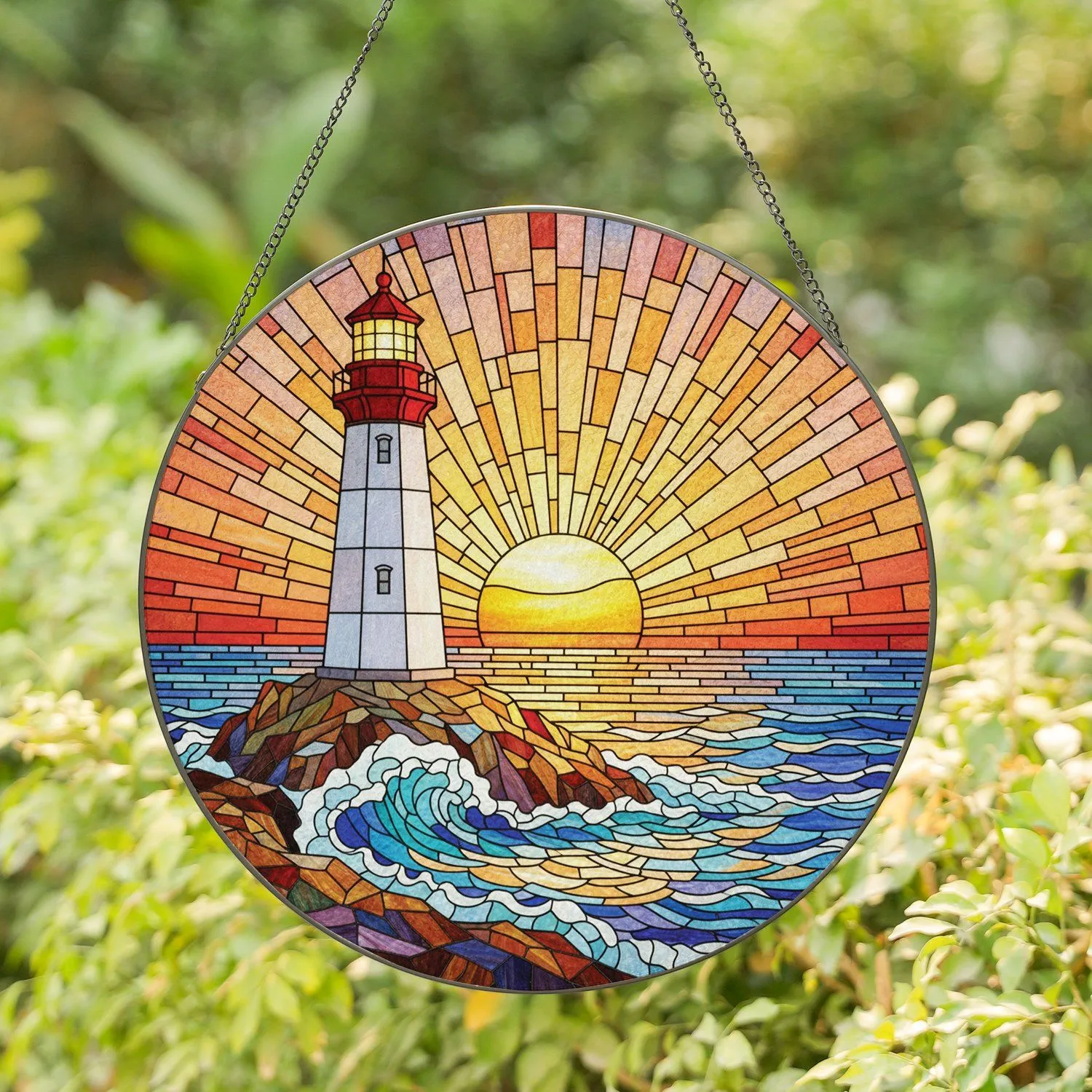 Lighthouse Red Cap Rocky Cliffs Ocean Waves Sunset Sky - Coastal Home Decor Gift Stained Glass Suncatcher - 1