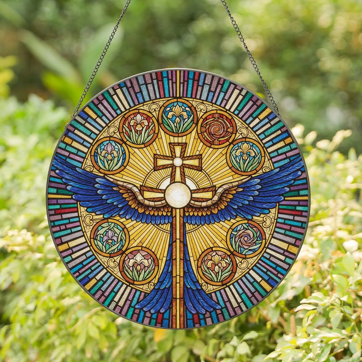 Winged Cross Radiant Core Stained Glass Sunrays Medallions Radial Sunburst Mosaic Home Decor Gift Stained Glass Suncatcher - 1