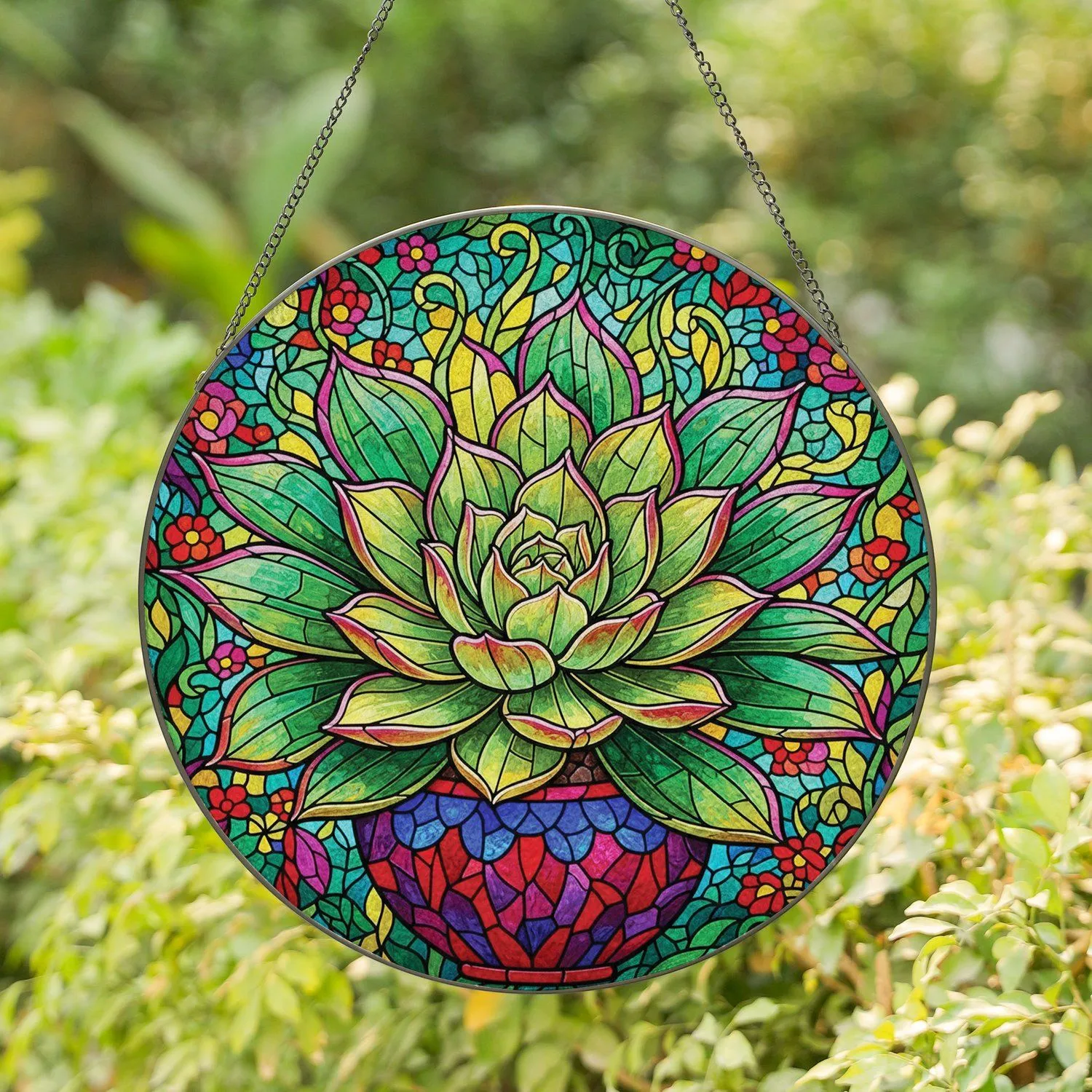 Succulent Rosette Floral High Contrast Tiffany Stained Glass Home Decor Gift Stained Glass Suncatcher - 1