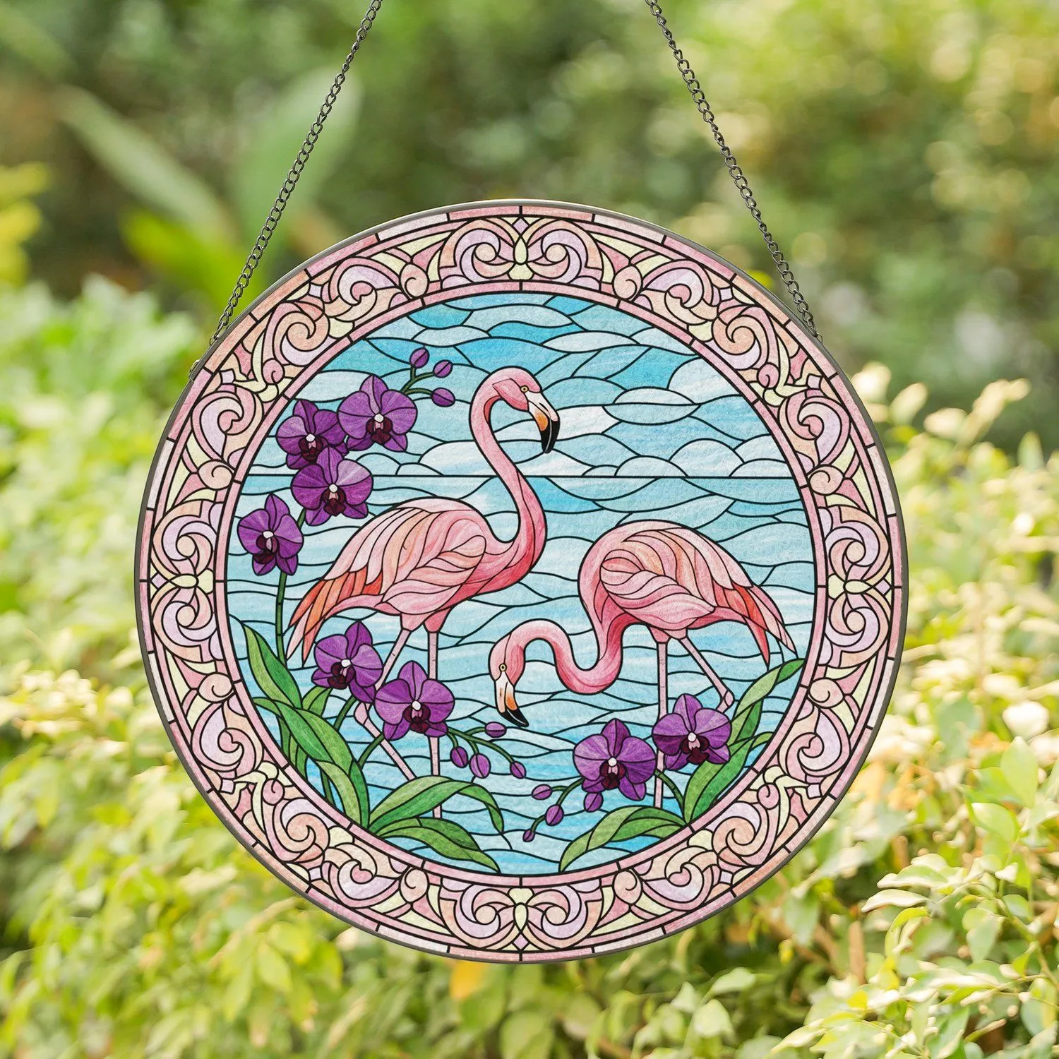 Interacting Flamingos Purple Orchid Tropical Sky - Home Decor Gift for Flamingo Lover Stained Glass Suncatcher - 1