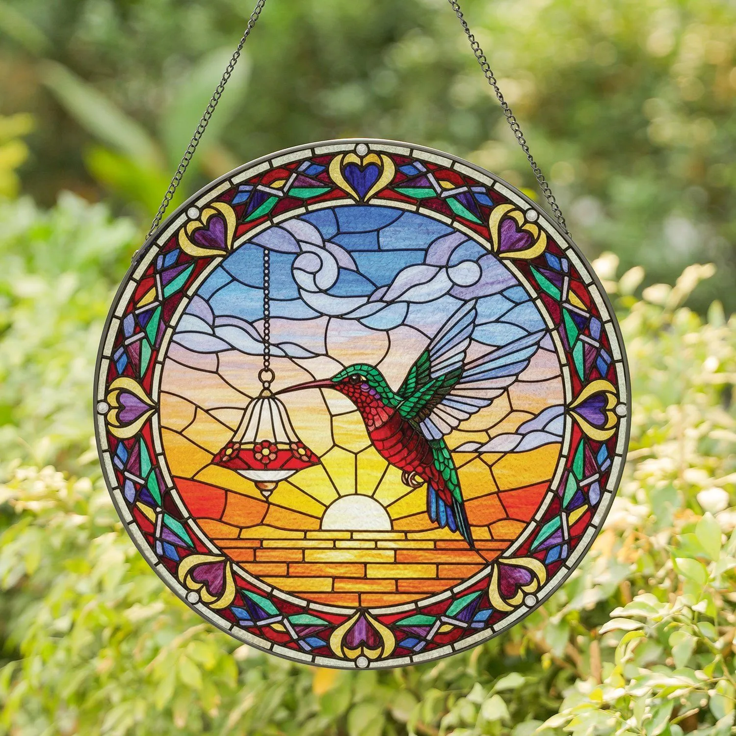 Ruby-Throated Hummingbird Nectar Feeder Stained Glass Window Display - Wildlife Home Decor Gift Stained Glass Suncatcher - 1