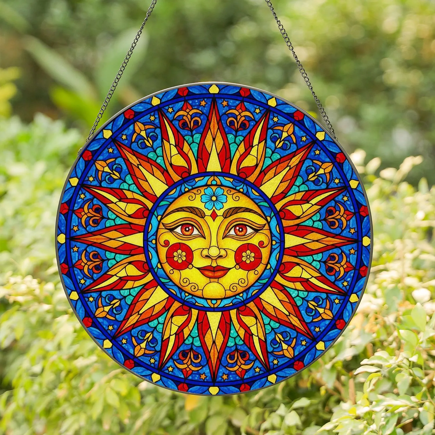 Smiling Sun Face Sunbeams Floral Celestial Shapes - Home Decor Gift Stained Glass Suncatcher - 1