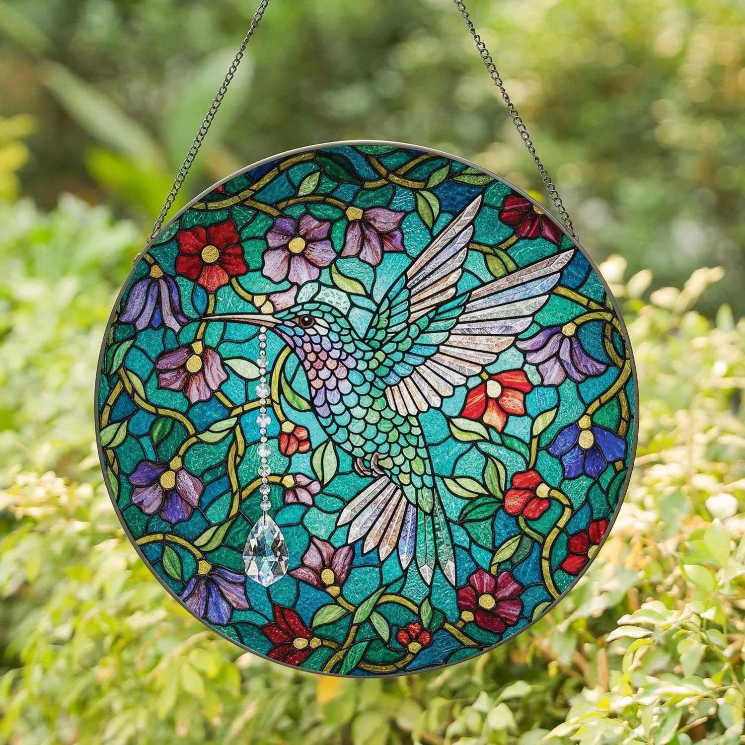 Iridescent Hummingbird Blossoming Flowers - Home Decor Gift for Wildlife Lover Stained Glass Suncatcher - 1