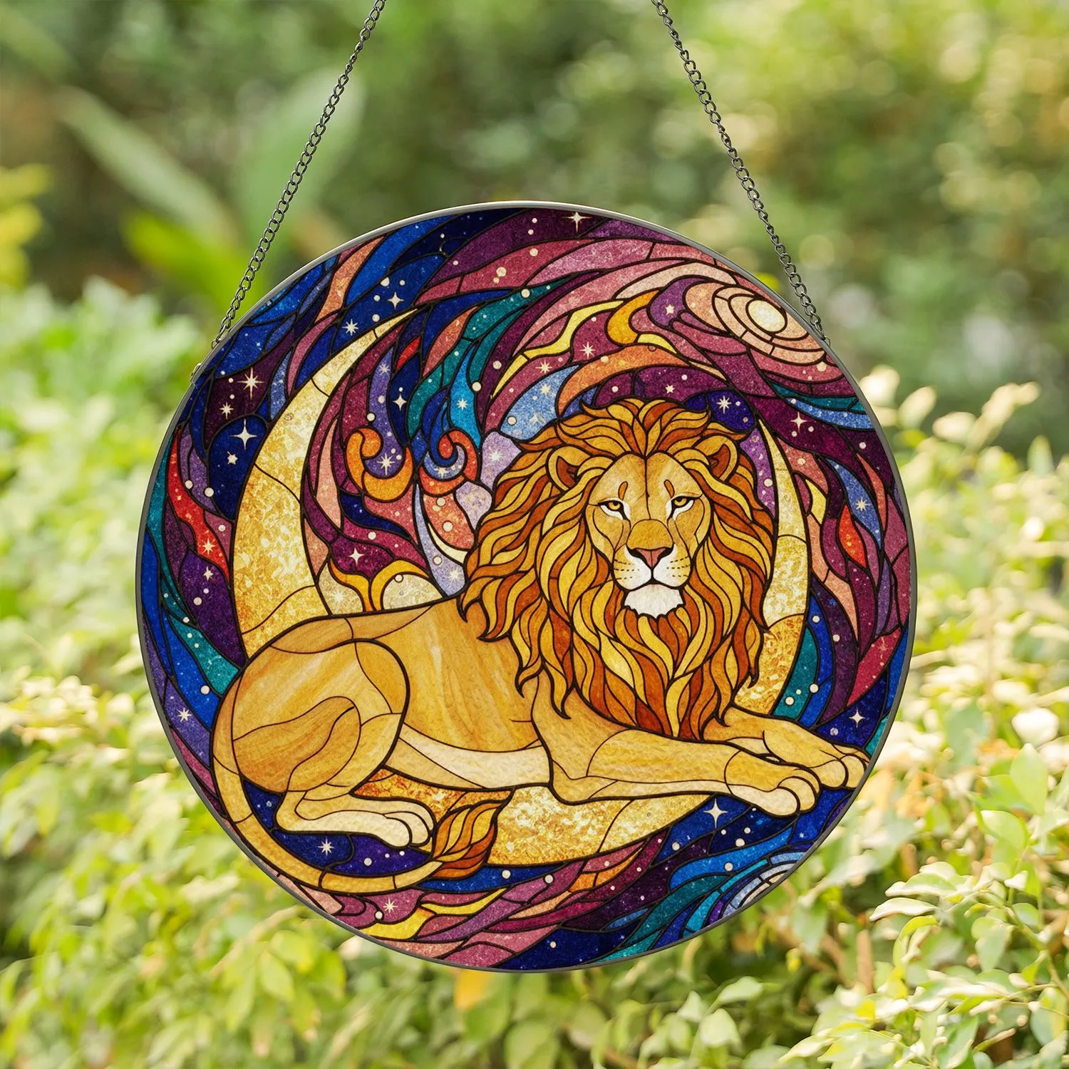 Lion Crescent Moon Cosmic Galaxy - Home Decor Gift for Lion Lover Space Enthusiast Stained Glass Suncatcher - 1