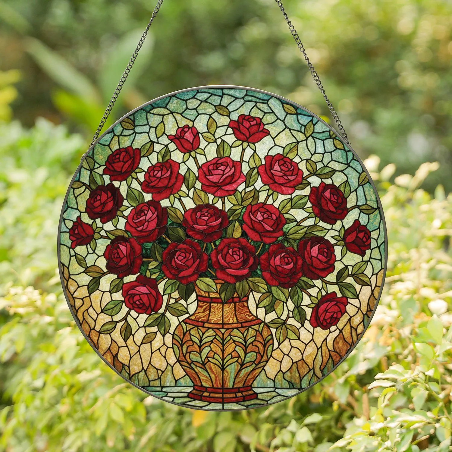 Stained Glass Roses Bouquet Vase - Home Decor Gift for Garden Lover Stained Glass Suncatcher - 1