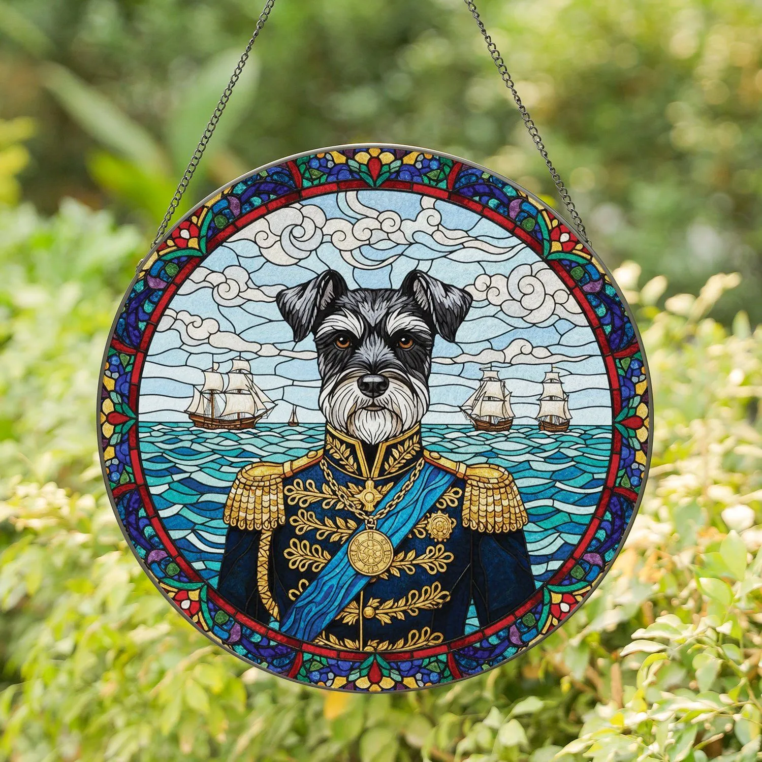 Schnauzer Dog Military Jacket Ocean Sailing Ships - Home Decor Gift for Dog Lovers Stained Glass Suncatcher - 1