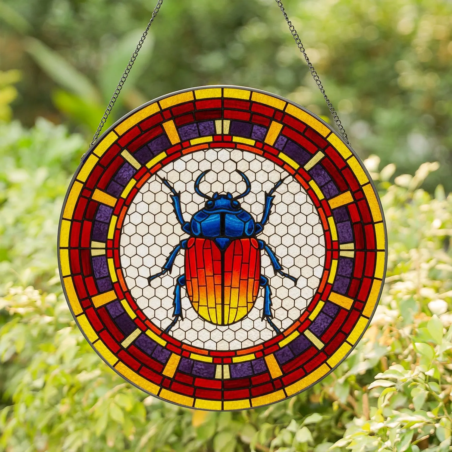 Ornate Scarab Beetle Dense Mosaic Hexagonal Honeycomb - Home Decor Gift for Insect Lover Stained Glass Suncatcher - 1