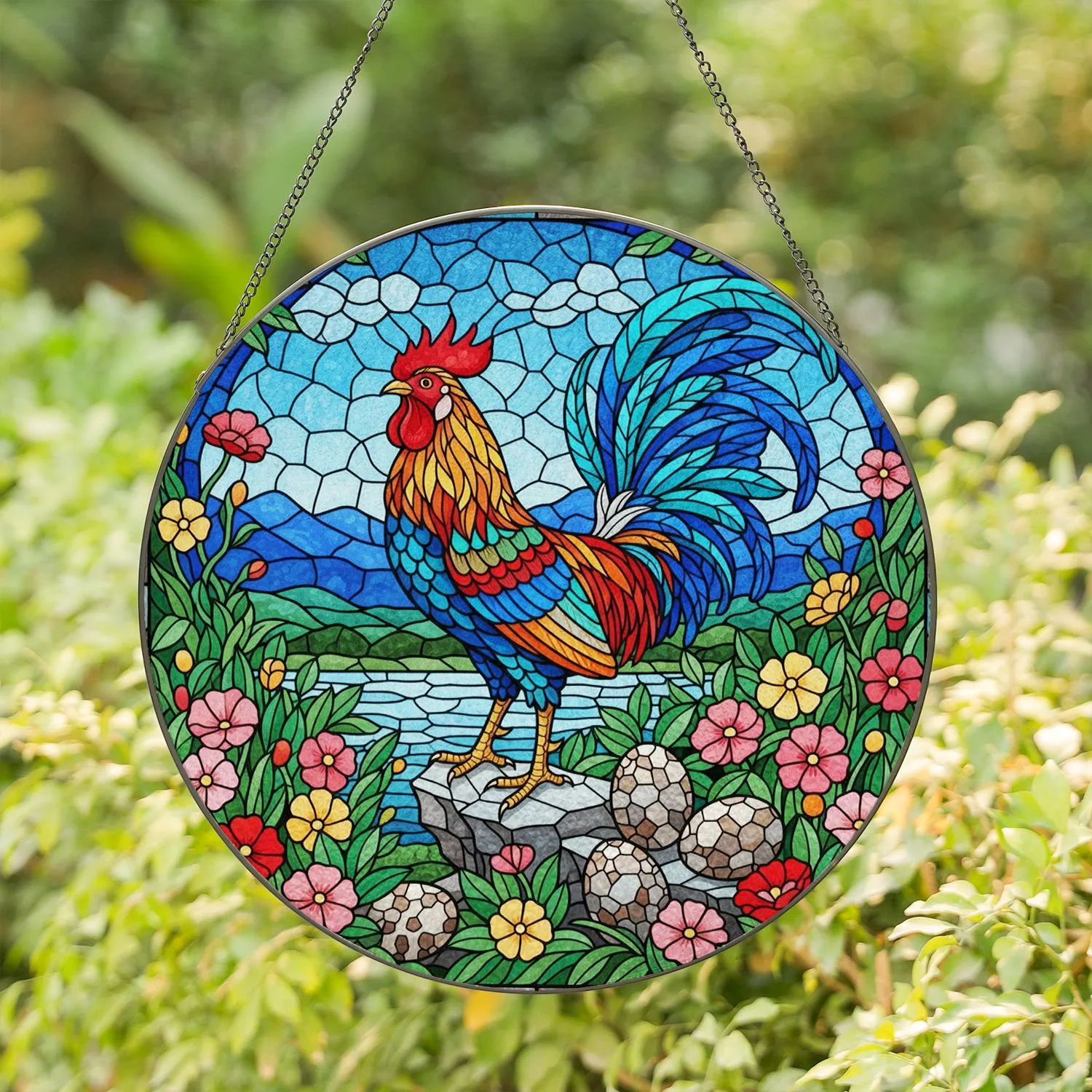 Rooster Eggs Flowers Stained Glass Landscape Farmhouse Home Decor Gift Stained Glass Suncatcher - 1