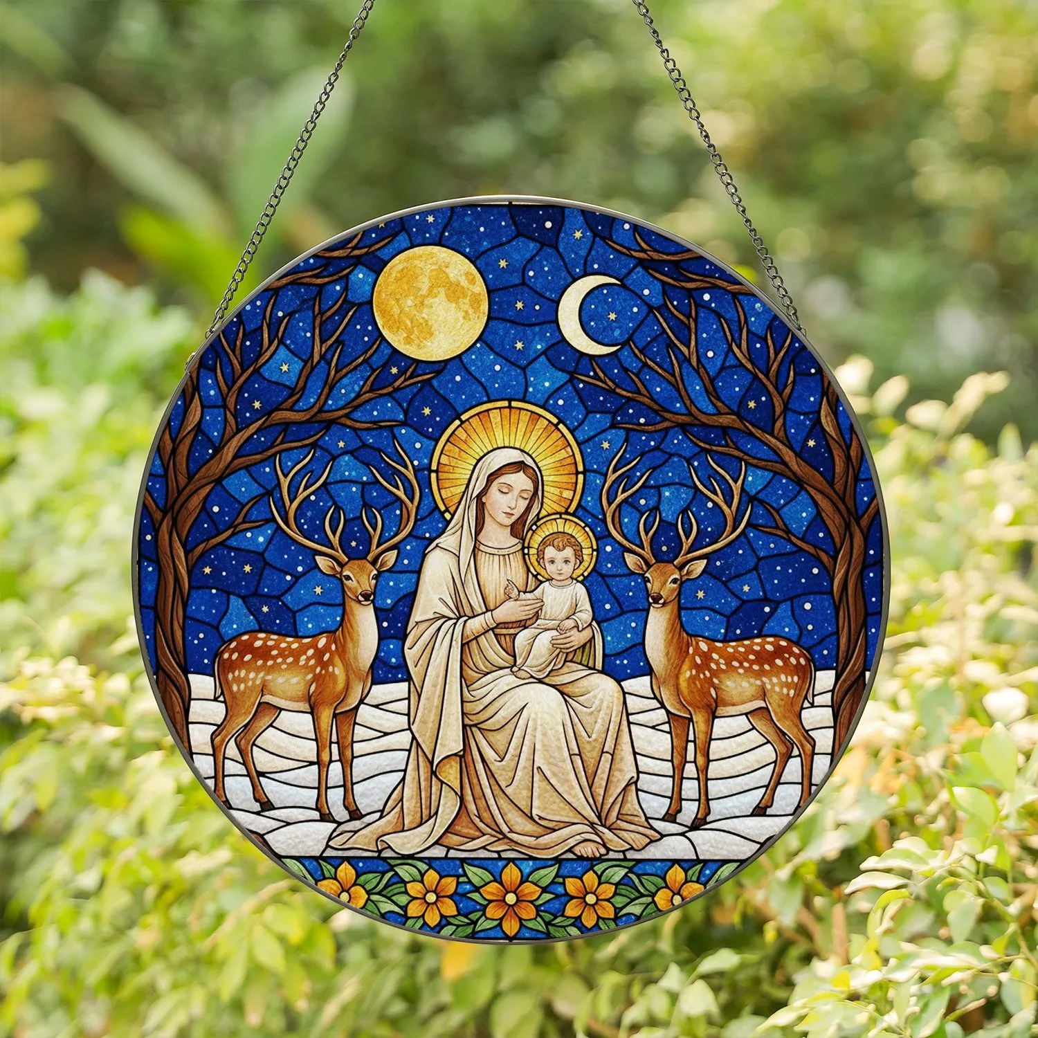 Virgin Mary Baby Jesus Spotted Deer Starry Night Sky - Faith Home Decor Gift Stained Glass Suncatcher - 1