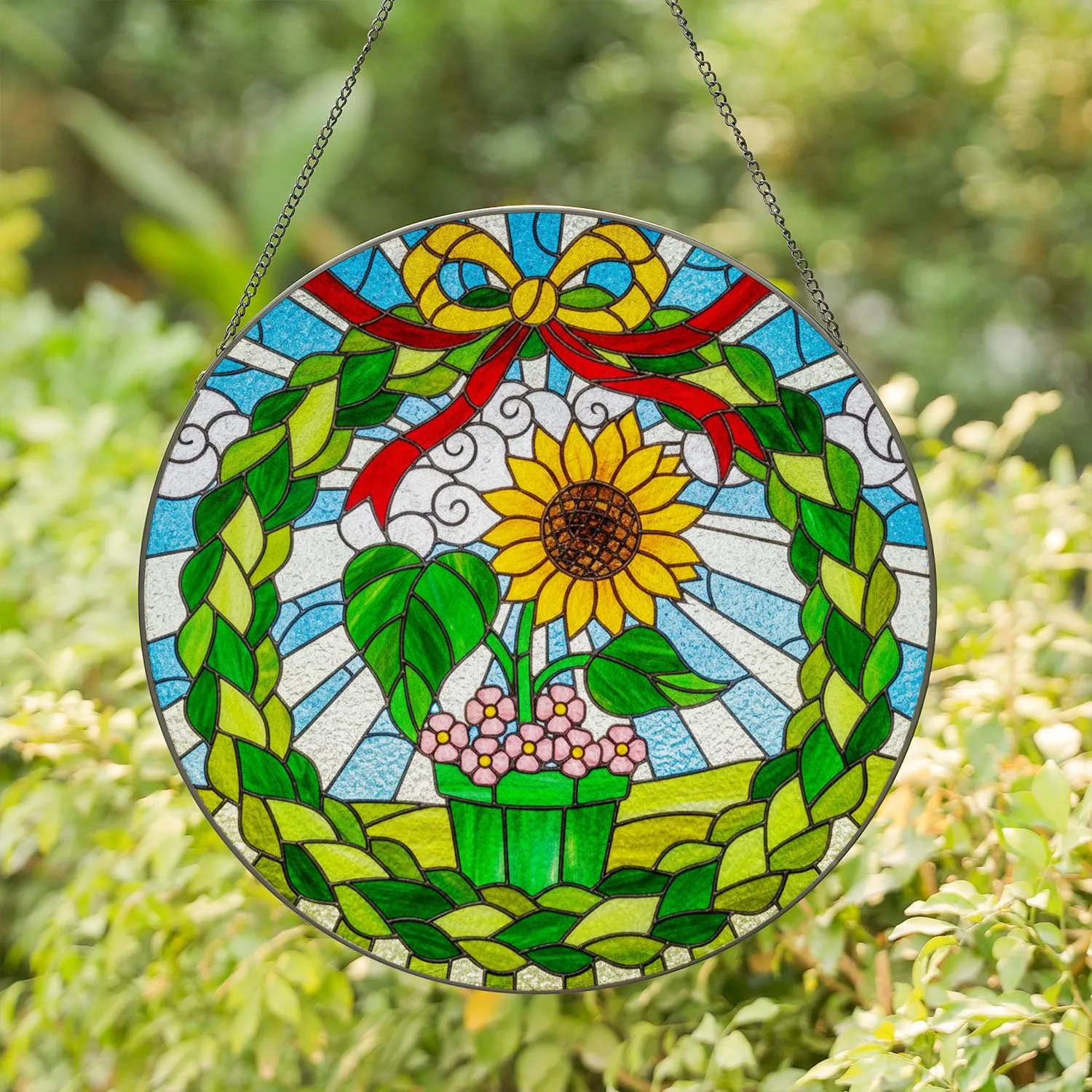 Sunflower Plant Pot Pink Flowers Scalloped Wreath Sky - Plant Lover Gift Stained Glass Suncatcher - 1