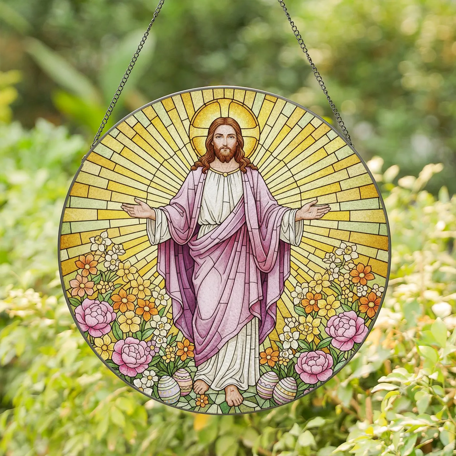 Jesus Christ Radiant Sun Ray Garden - Easter Religious Home Decor Gift Stained Glass Suncatcher - 1
