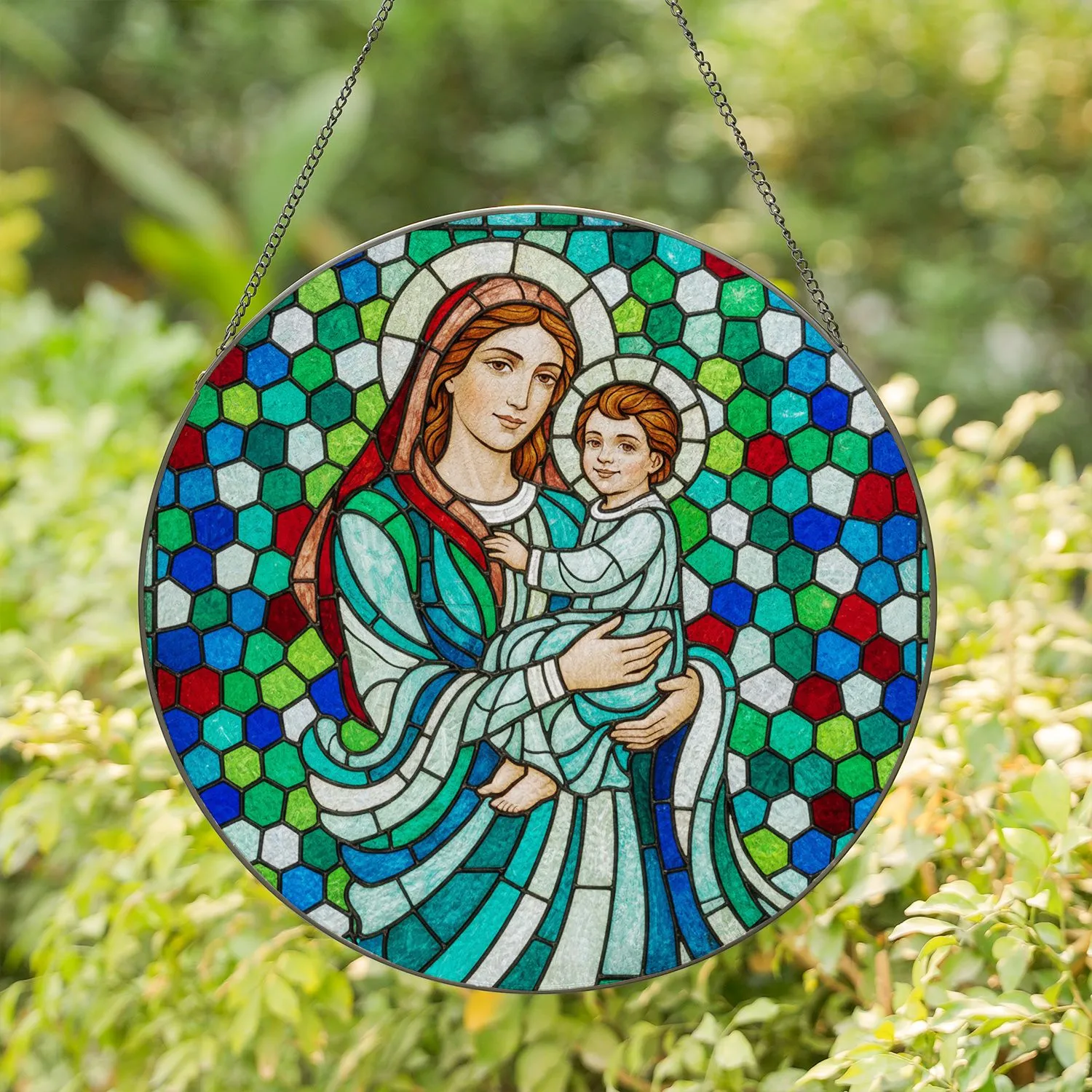 Serene Woman Embracing Joyful Child Flowing Robes Geometric Mosaic - Home Decor Gift Stained Glass Suncatcher - 1