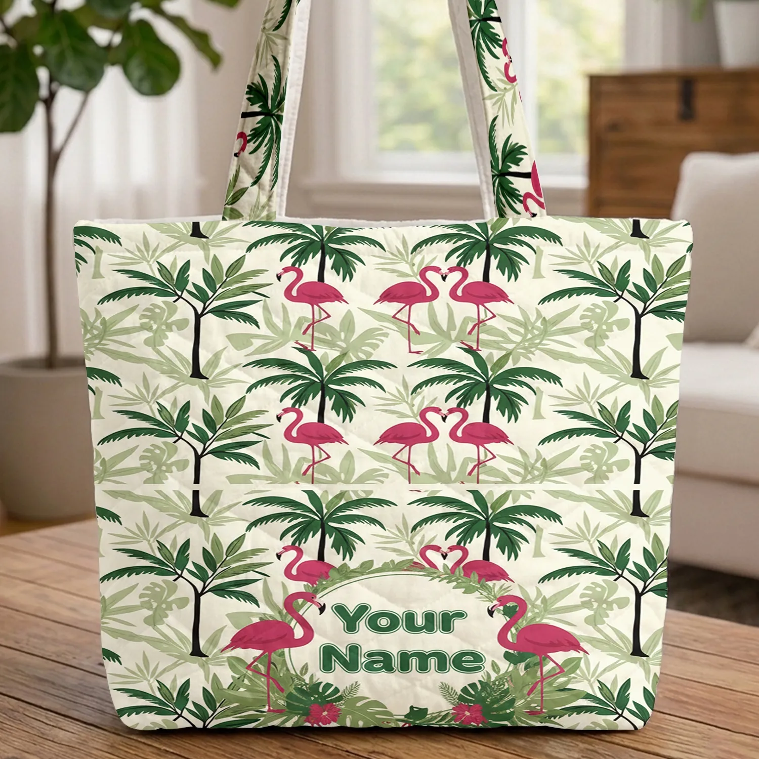 Fuchsia Flamingo Tropical Palm Name Floral Wreath Everyday Carry Gift Quilted Tote Bag - 1