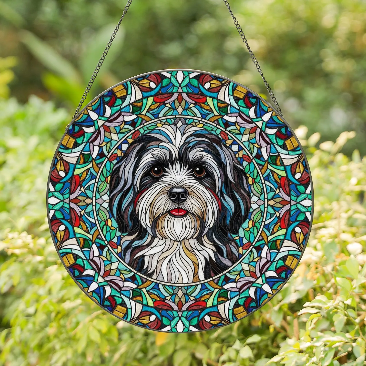 Havanese Dog Multicolored Fur Floral Foliage Mosaic - Dog Lover Home Decor Gift Stained Glass Suncatcher - 1