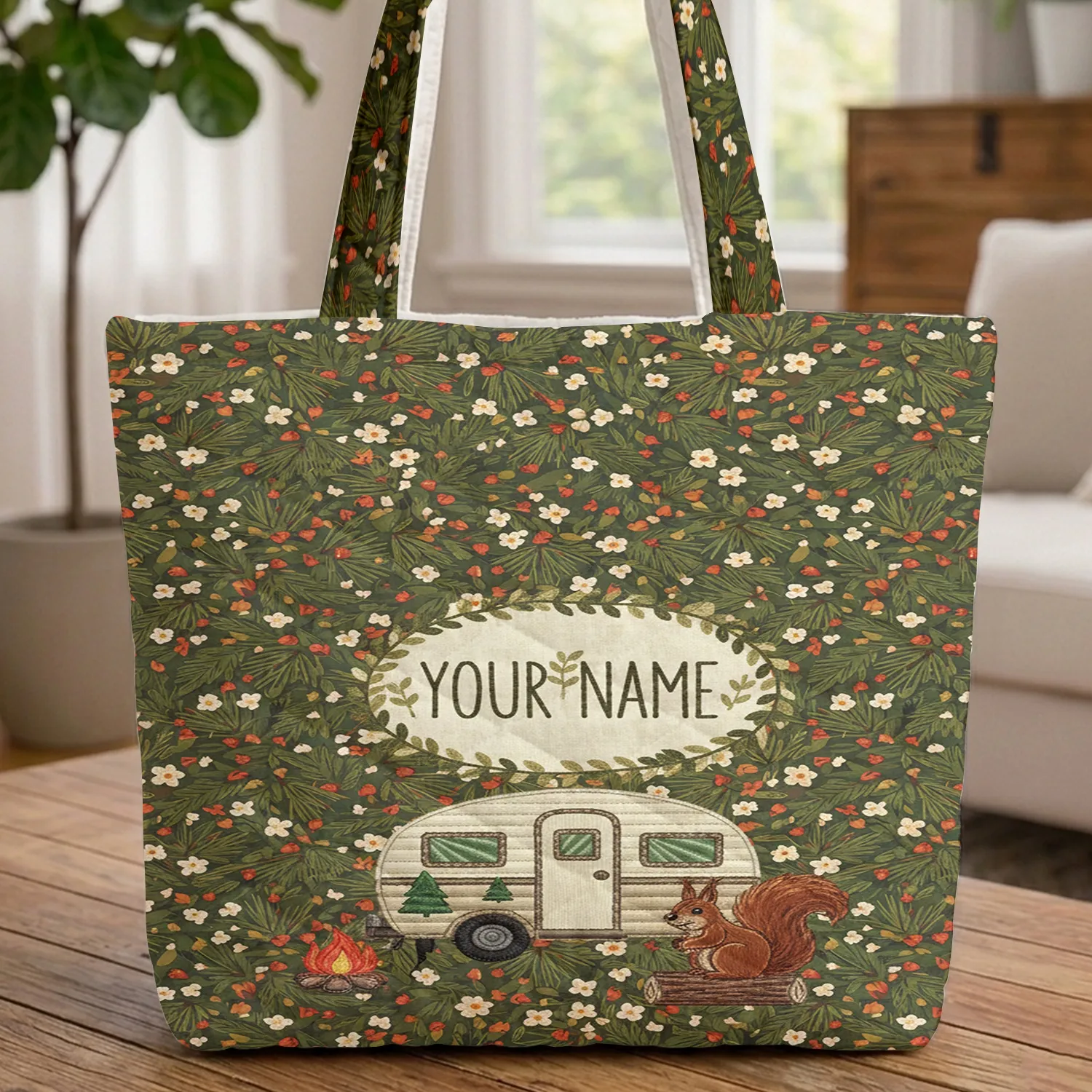 Camping Travel Trailer Campfire Squirrel Leaf Garland - Travel Essentials Gift Quilted Tote Bag - 1