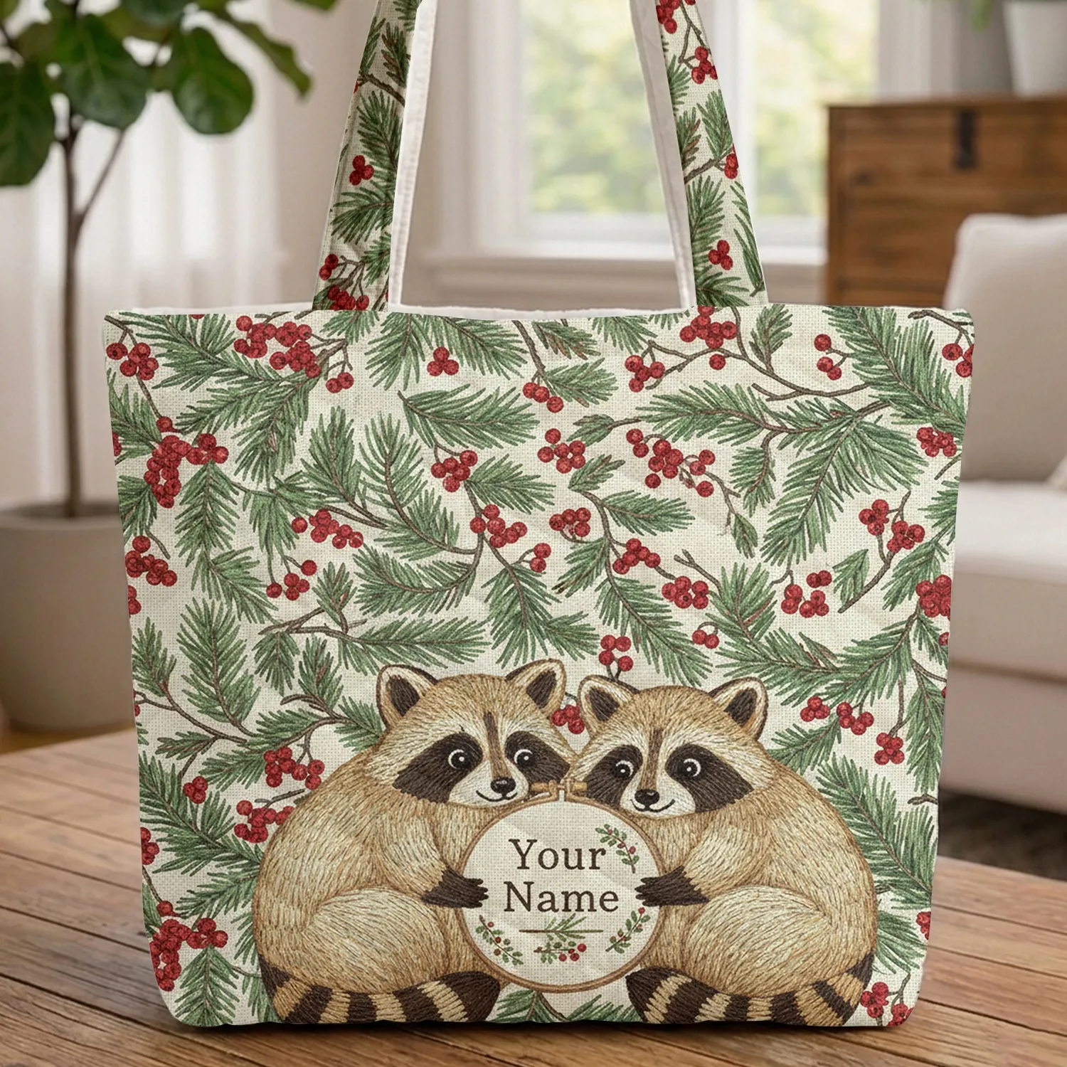 Raccoons Pine Branches Red Berries - Wildlife Lover Gift for Raccoon Lovers Quilted Tote Bag - 1