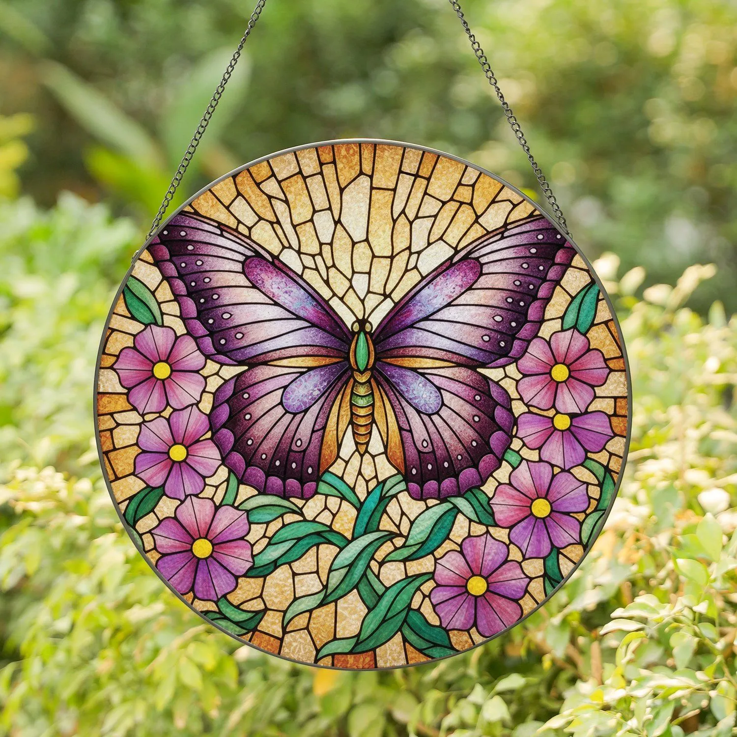 Stained Glass Butterfly Flower Mosaic - Tiffany Style Home Decor Gift for Nature Lover Stained Glass Suncatcher - 1