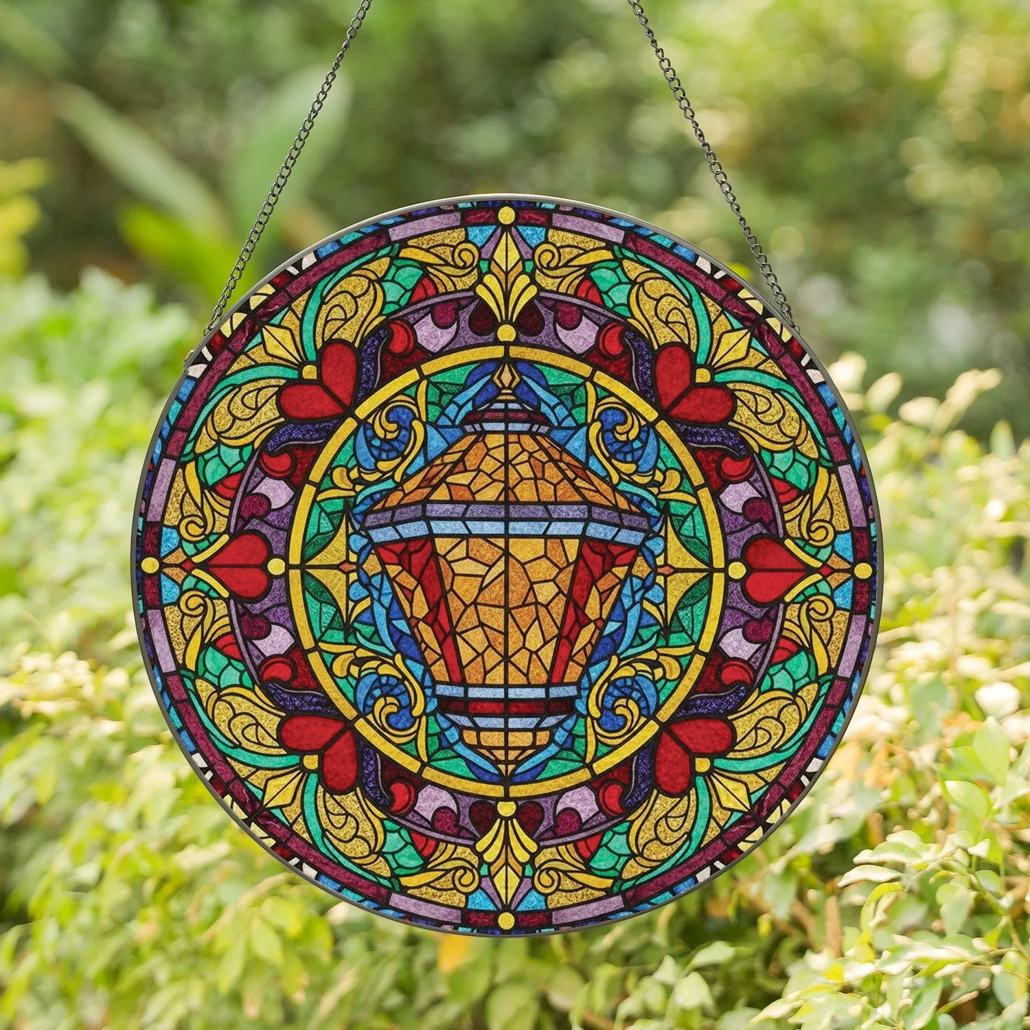 Multi-faceted Lantern Hearts Fleur-de-lis Floral Scrollwork Mosaic - Home Decor Gift Stained Glass Suncatcher - 1