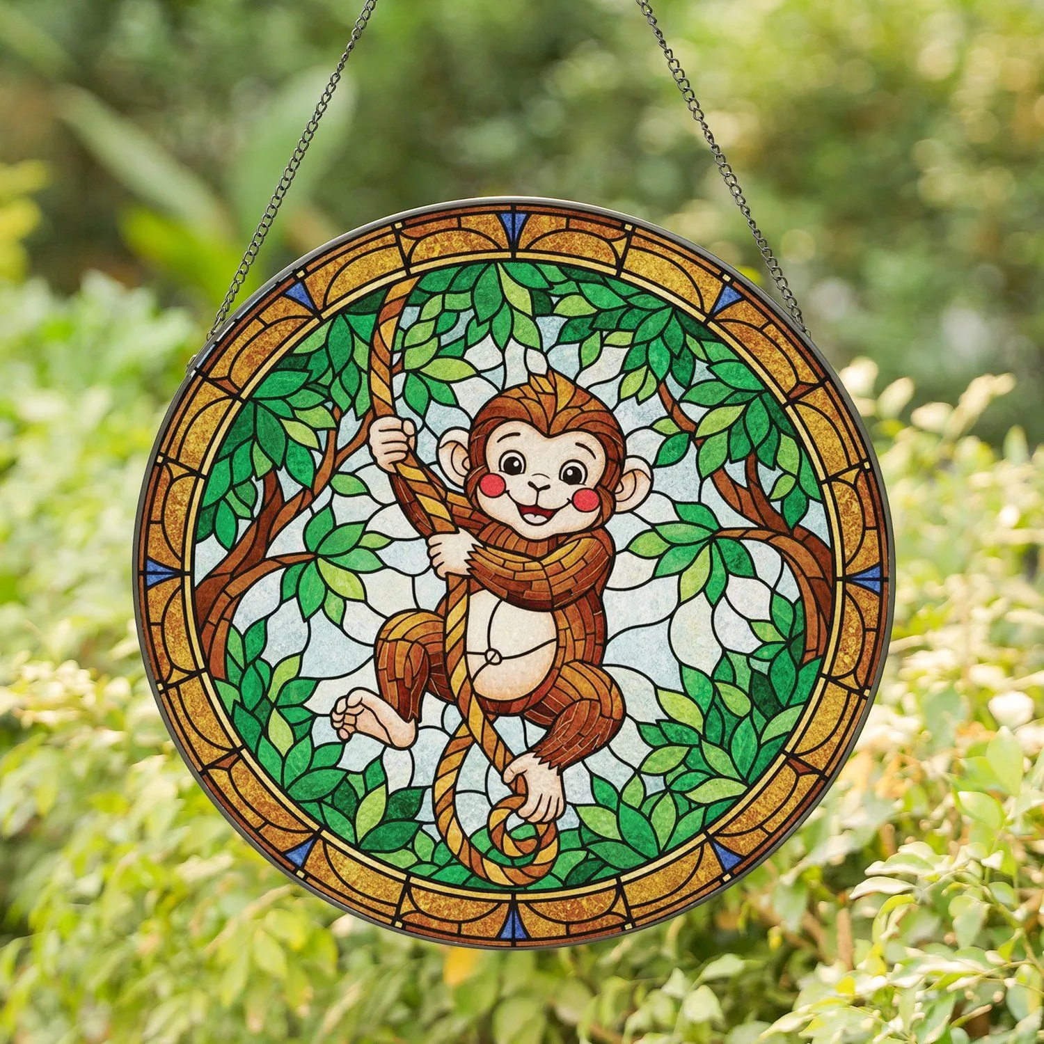 Tiffany Glass Swinging Baby Monkey Circular Frame Jungle Home Decor Gift Stained Glass Suncatcher - 1