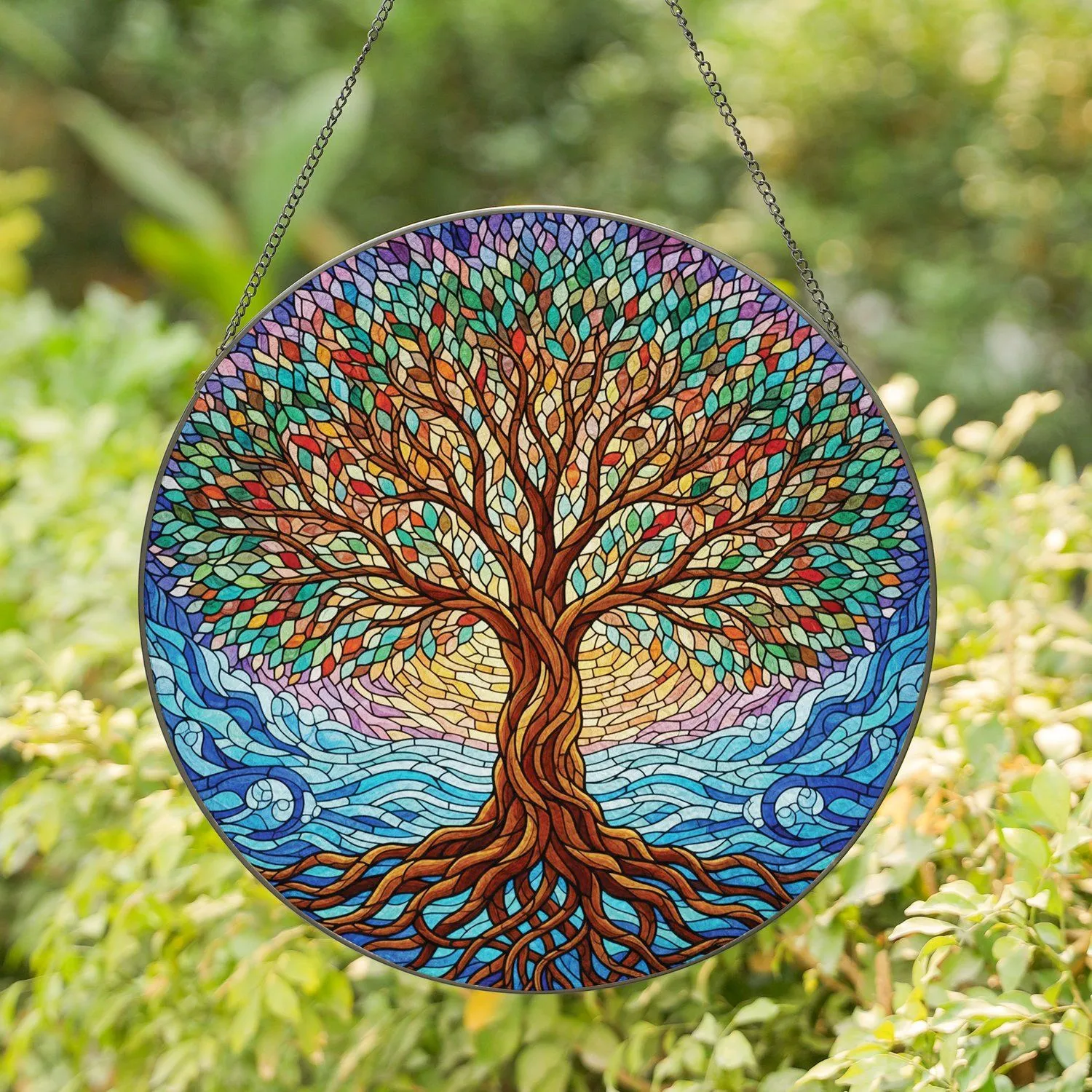 Tree of Life Stained Glass Mosaic Waves Sky Water - Nature Lover Home Decor Gift Stained Glass Suncatcher - 1
