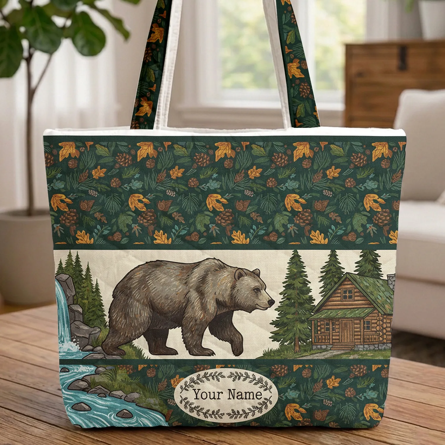 Grizzly Bear Log Cabin Waterfall Personalized Name - Wildlife Lover Everyday Carry Gift Quilted Tote Bag - 1