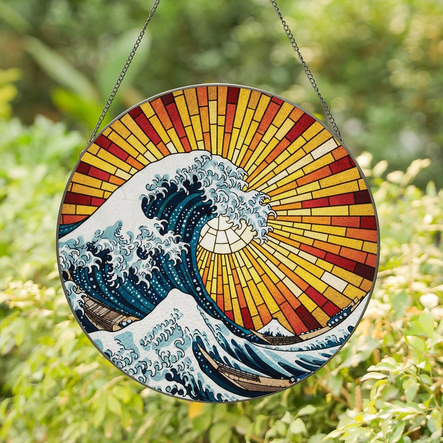 Tiffany Glass Great Wave Ocean Mountain - Radiant Sky Home Decor Gift Stained Glass Suncatcher - 1