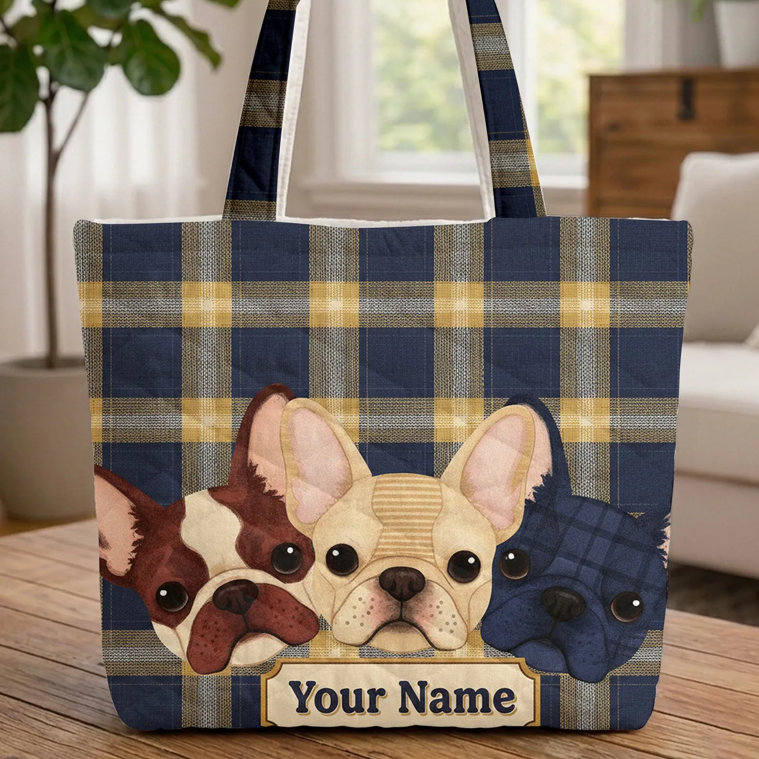 French Bulldog Plaid Enamel Plaque Travel Everyday Carry for Dog Lover Quilted Tote Bag - 1