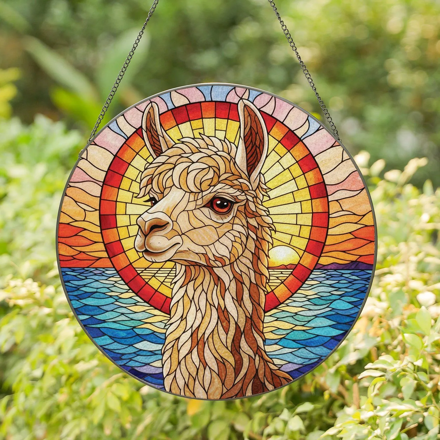 Llama Head Rainbow Ocean Sunset Seascape - Wildlife Home Decor Gift for Llama Lover Stained Glass Suncatcher - 1